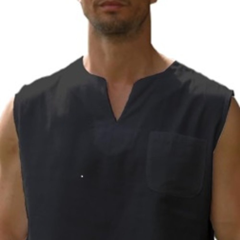 Unisex black sleeveless/1 breast pocket shirt X-L men’s/ linen and cotton blend